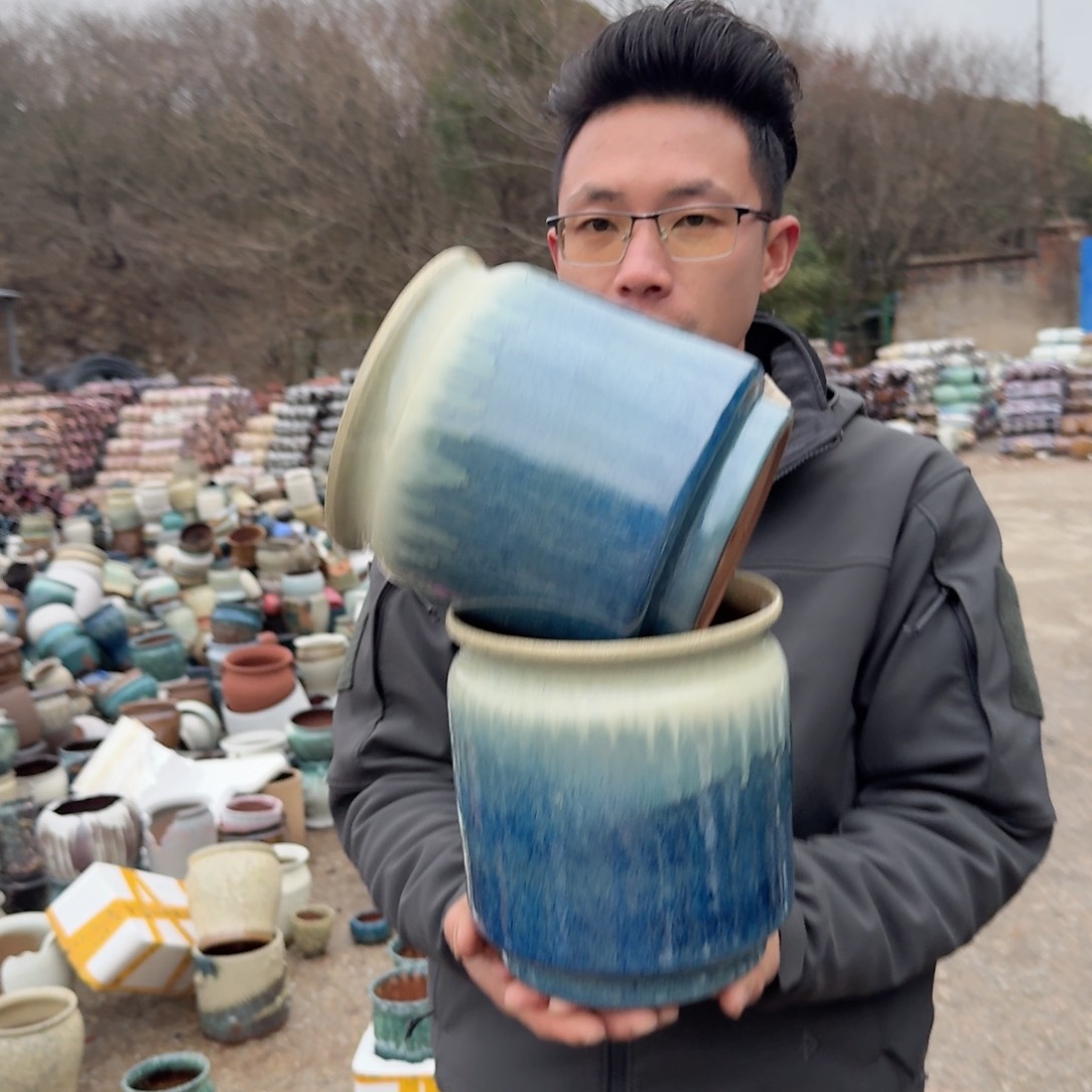 紫砂花盆口18高20.5（两个雾蓝直筒宋