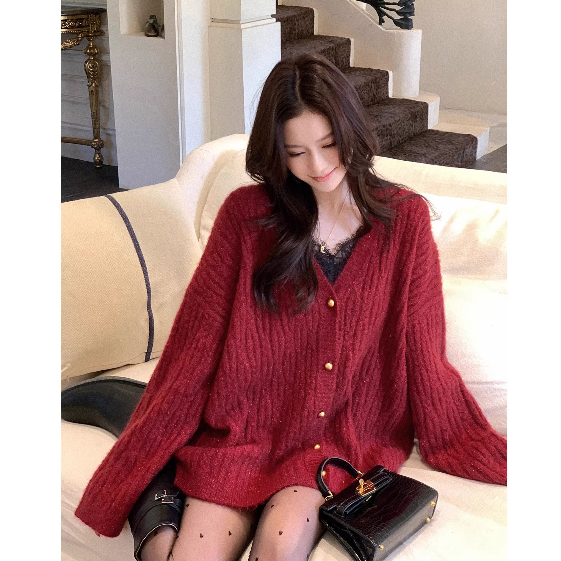 “鎏金玫瑰”奢级马海毛绵羊毛金丝定纺纱 坑条绞花宽松针织开衫