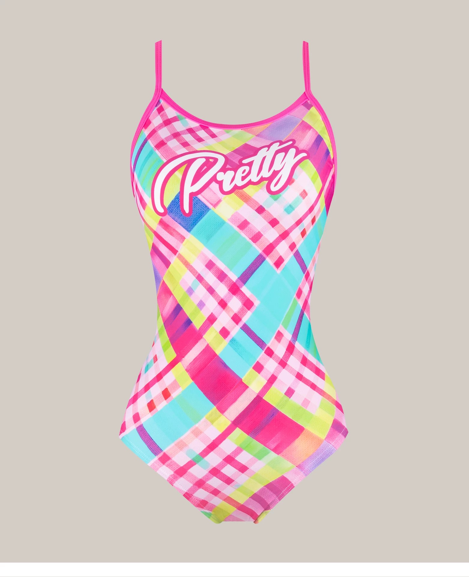 甜心粉格子ins夏季女童美背潜水小胸竞速泳衣欧美女士游泳连体