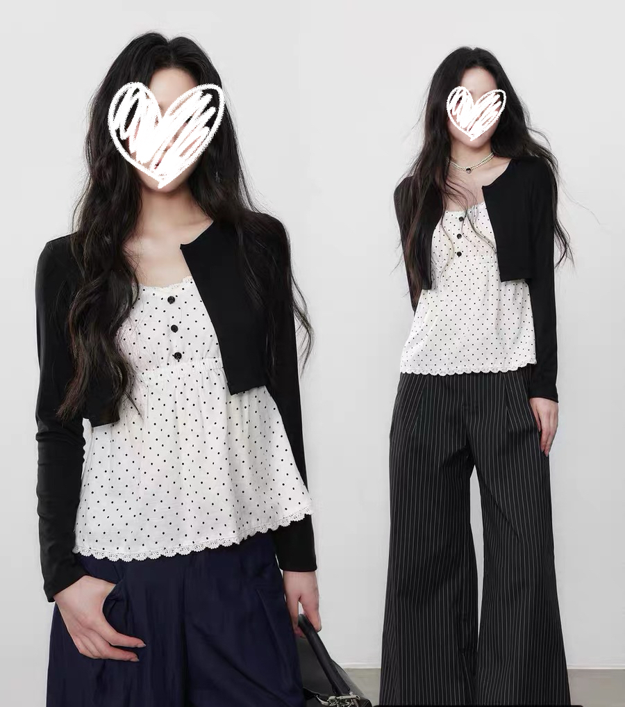 高级感简约秋季波点设计V领修身显瘦假两件长袖上衣#9343