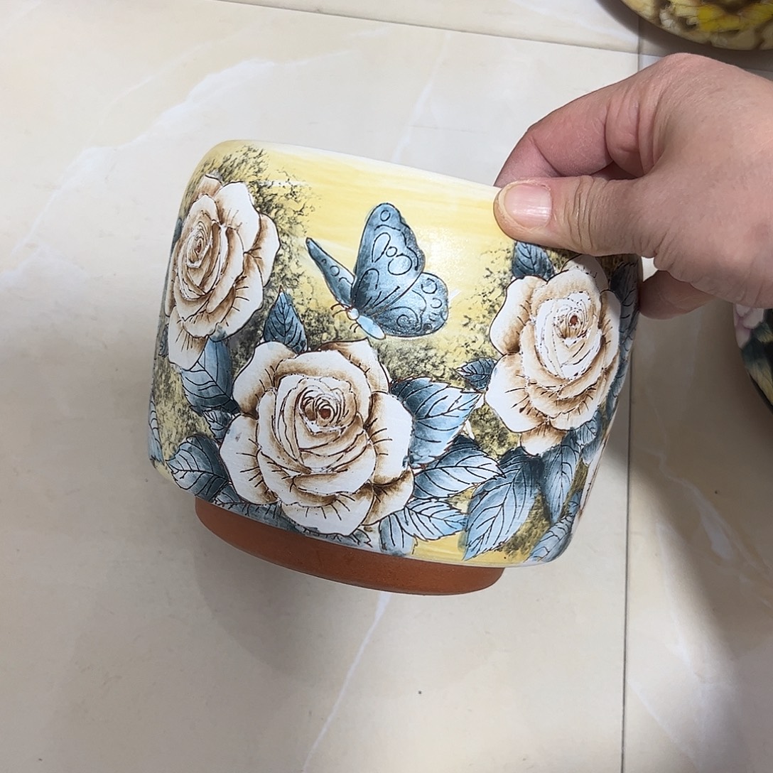 烧***麦景德镇炫彩手绘陶瓷花盆