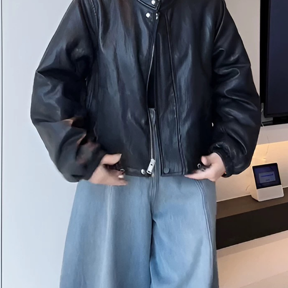 水洗短款立领甜酷加绒皮衣夹克外套潮流秋季加绒加厚