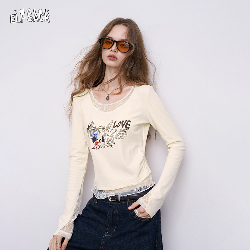 妖精的口袋拼接印花长袖t恤女2025早秋新款薄款上衣25305047