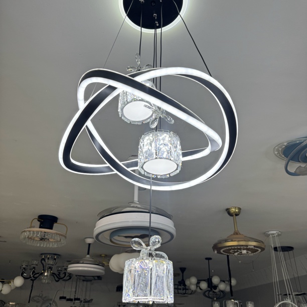 简约书房餐厅吊灯餐厅灯水晶个性圆形灯饰黑白餐吊灯客厅轻奢大气