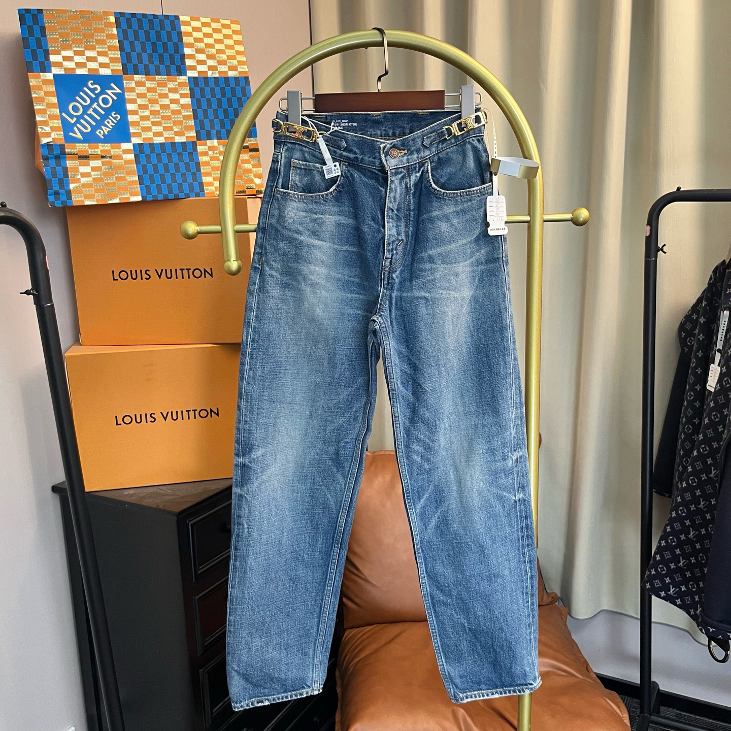 99新 Celine/思琳 蓝色凯旋门链条牛仔裤 26码 