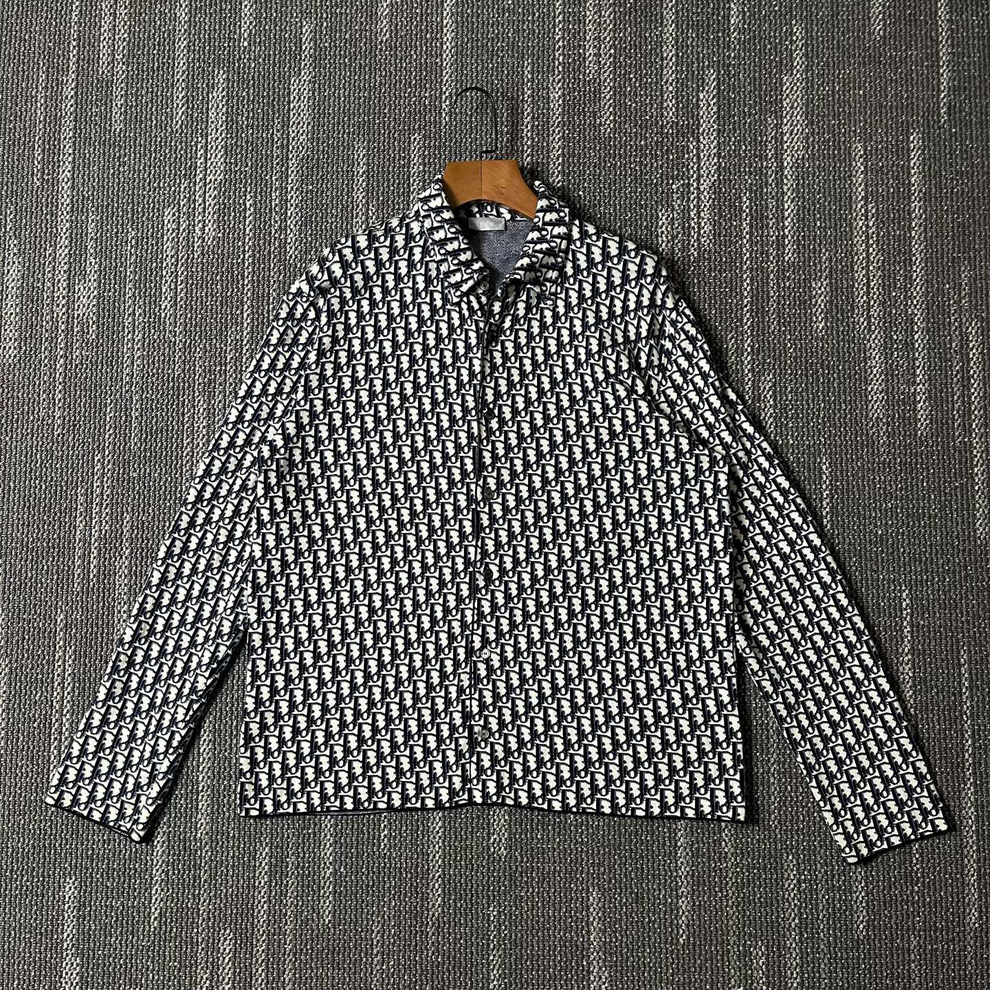 99新 DIOR/迪奥 Oblique满印海军蓝色长袖棉质衬衣/XL码/8111