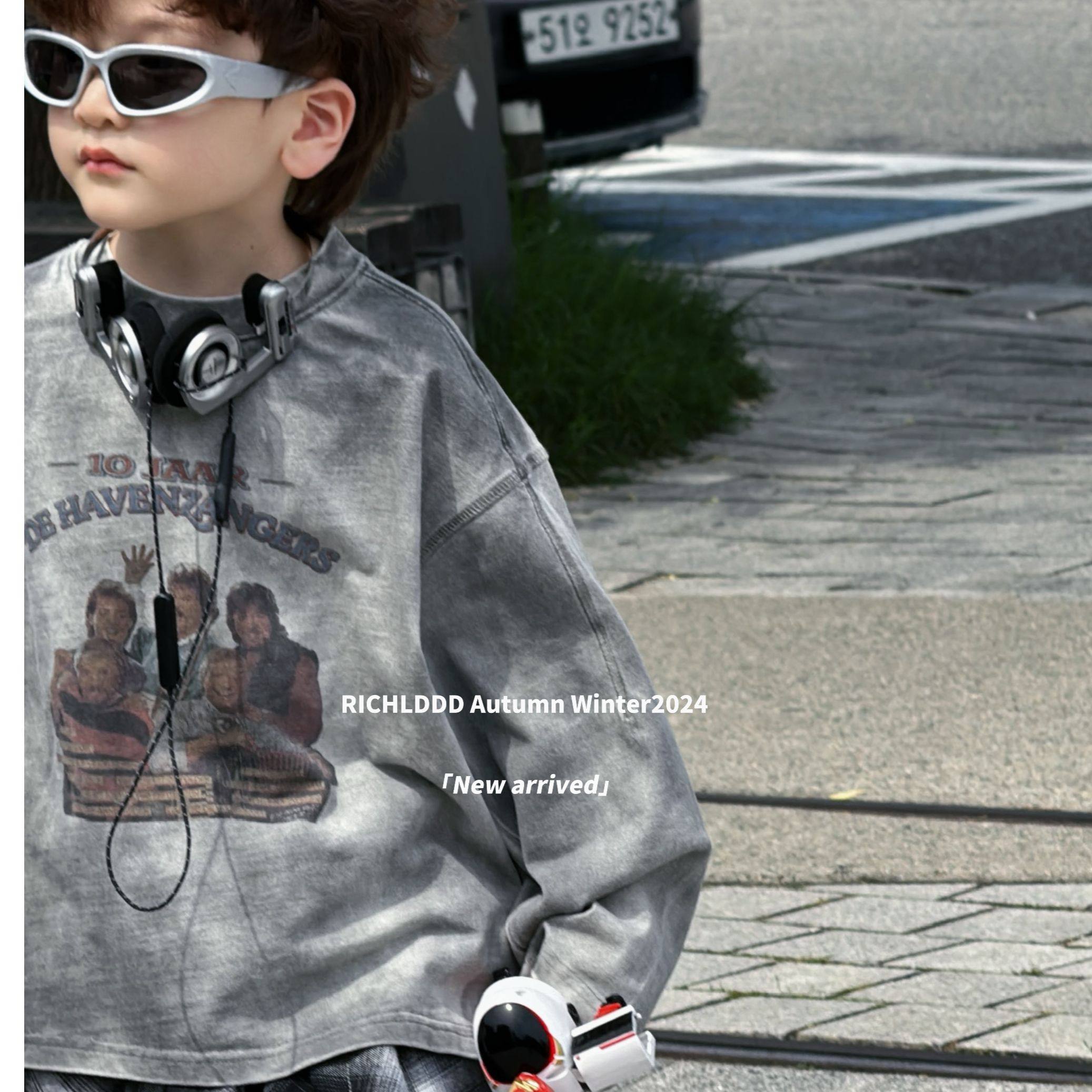 【特价不退换】：复古回潮春秋数码印花喷黑潮人私服T恤男女童