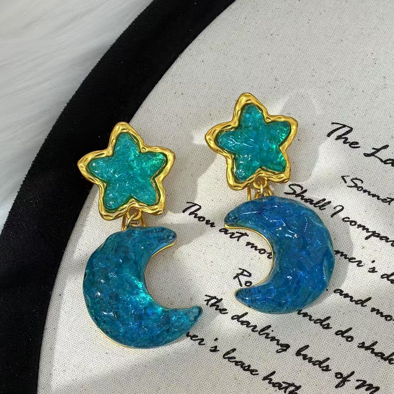 合金琉璃耳饰 远远（YY562）蓝色星月复古时尚小众