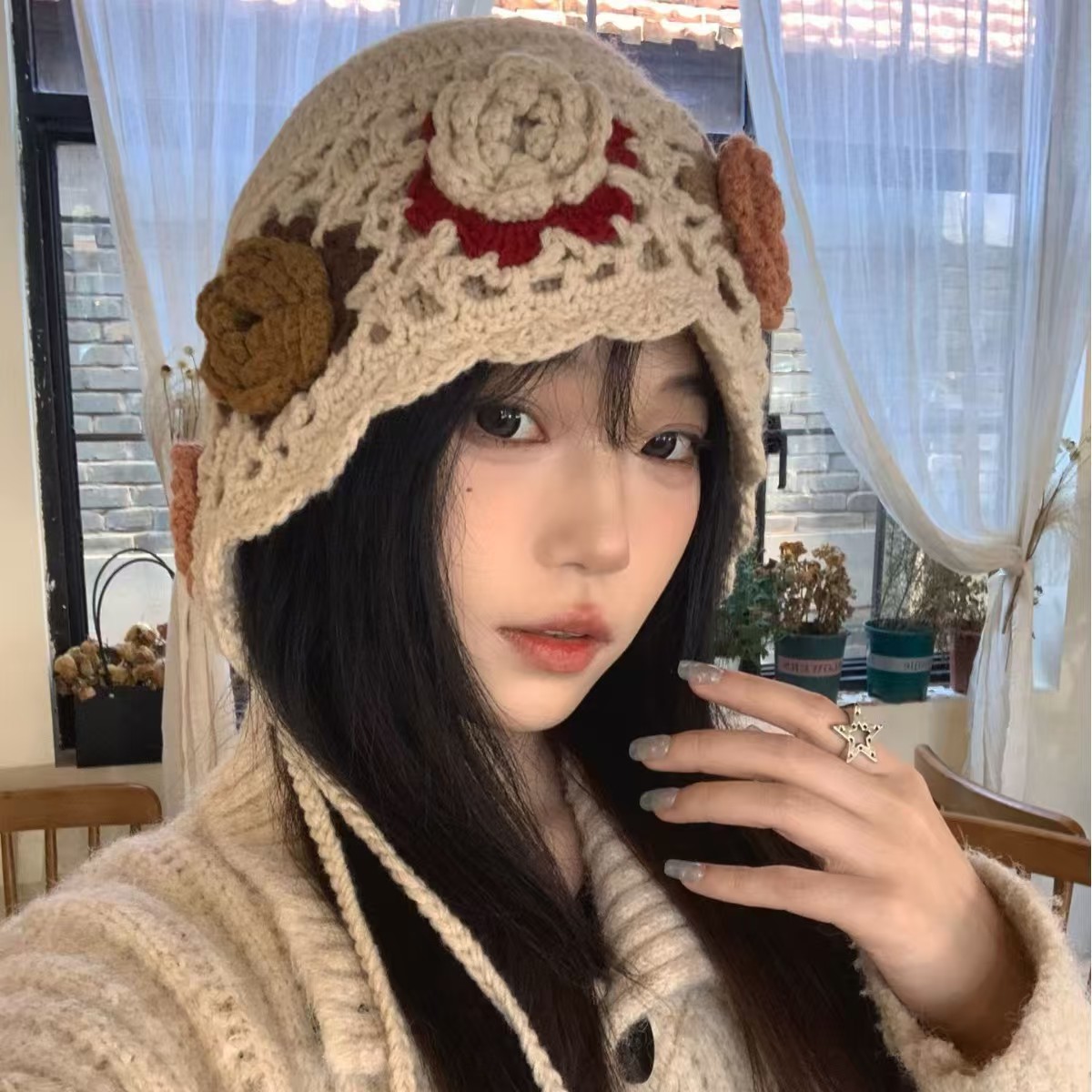 秋冬复古花朵流苏套头帽女民族风手工钩织毛线帽双层保暖护耳帽子