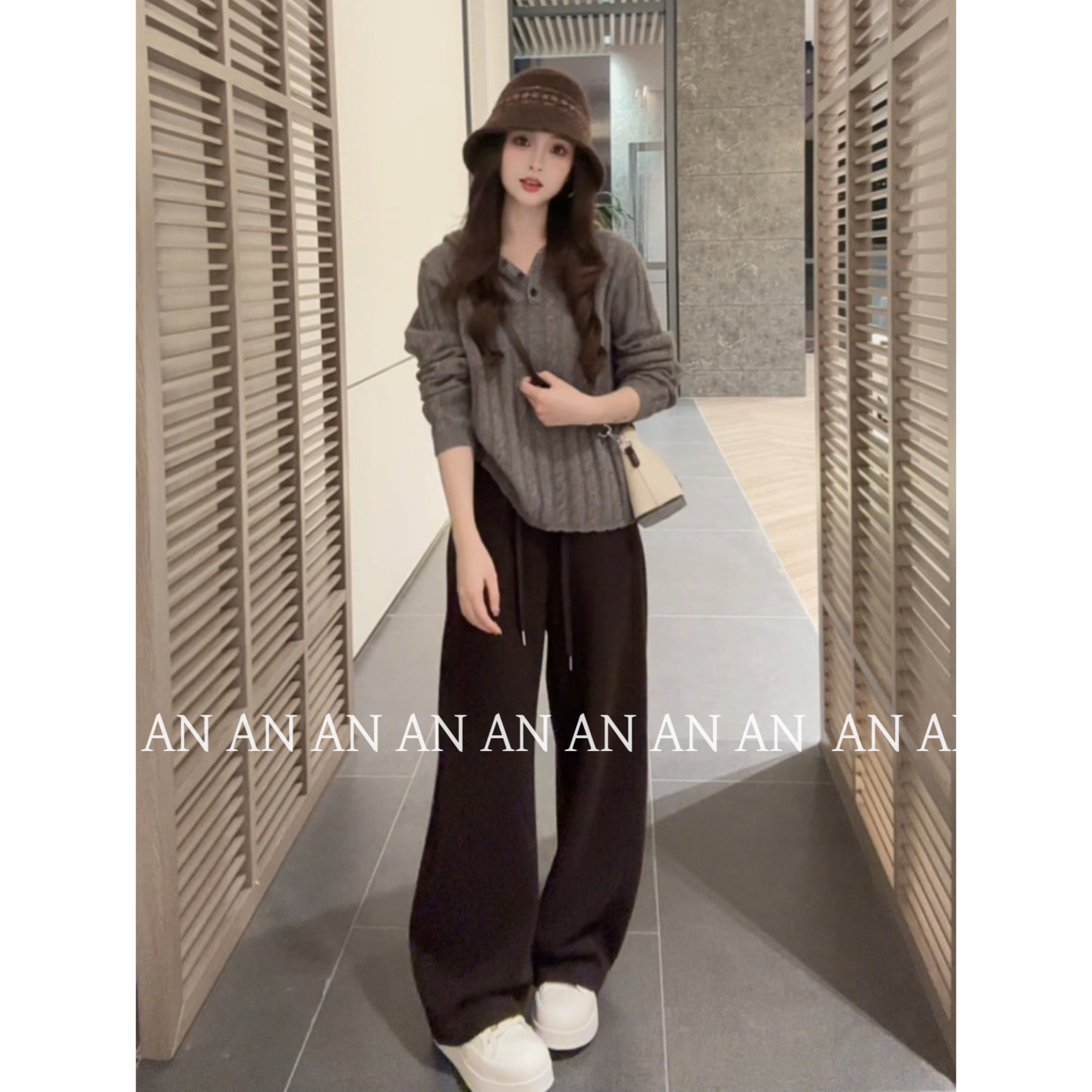 C10097新款韩系简约休闲慵懒风宽松针织衫三扣连帽麻花毛衣