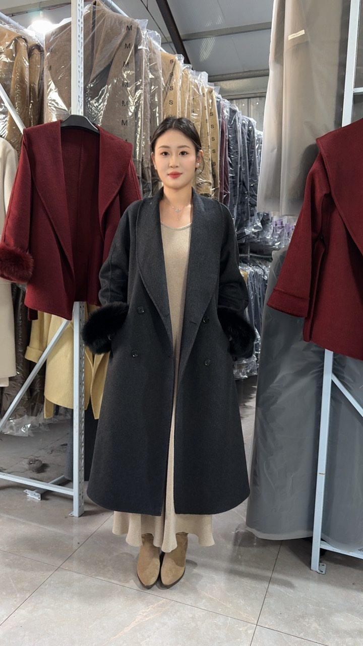 【2537】长袖时尚常规毛呢外套秋冬外套纯色气质呢大衣中长款