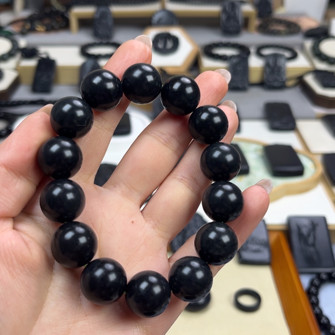 和田玉（墨玉）未镶嵌颈饰卡16圆珠特价