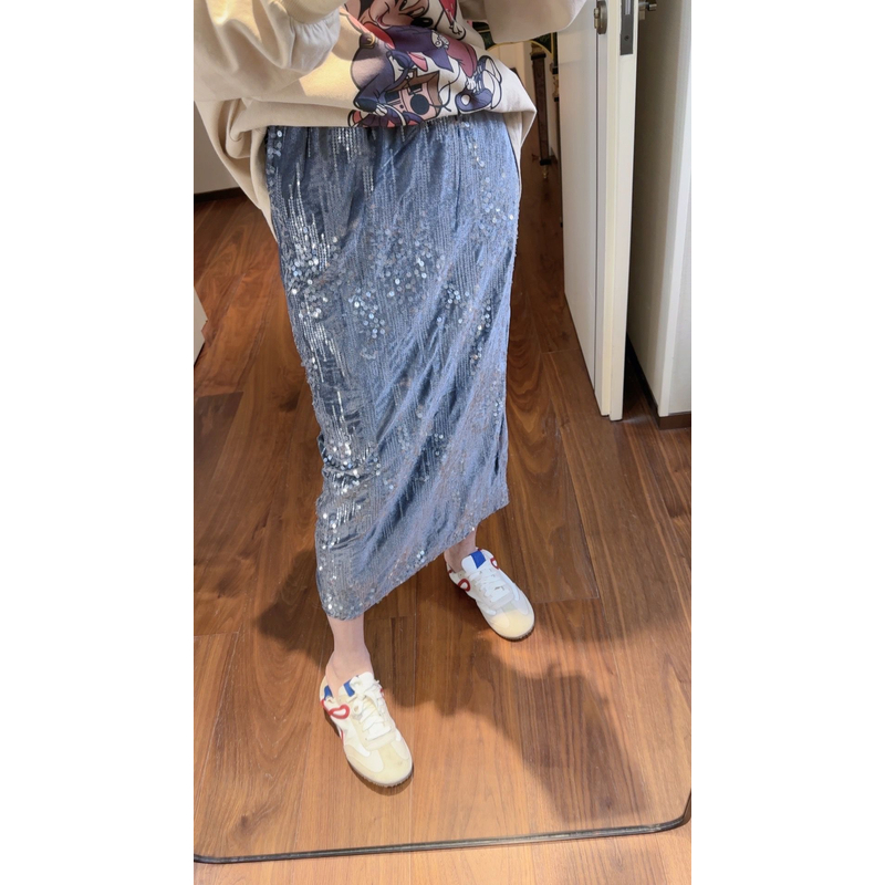 【张静芝】时髦blingbling大溪地灰亮片松紧腰百搭半身裙