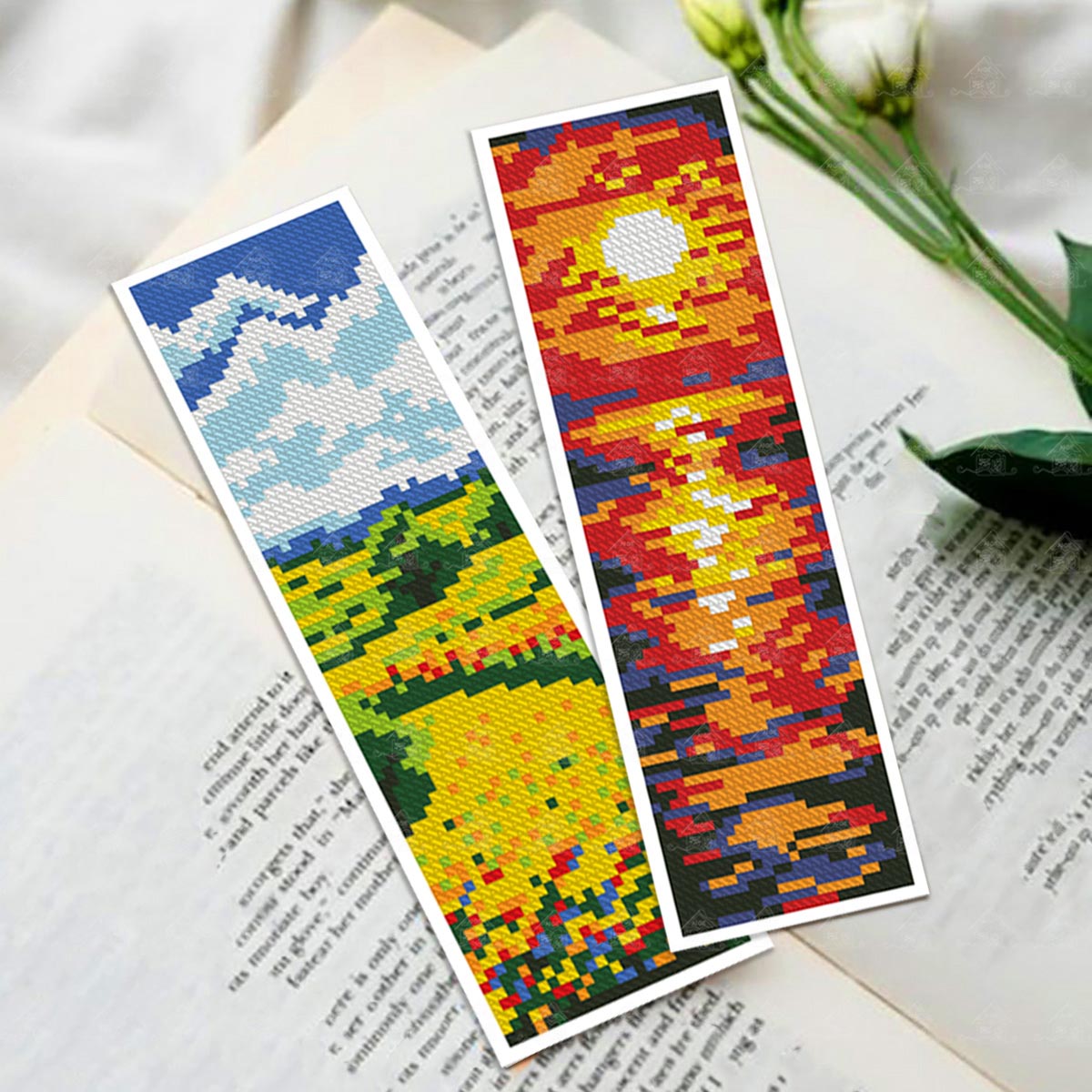 爱阁十字绣书签-四季画卷新款山峦湖畔夕阳简约现代客厅手工线绣