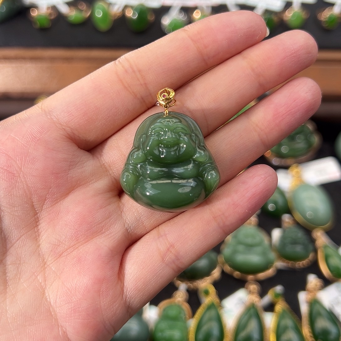 和田玉（碧玉）18K金镶嵌吊坠(不含链)