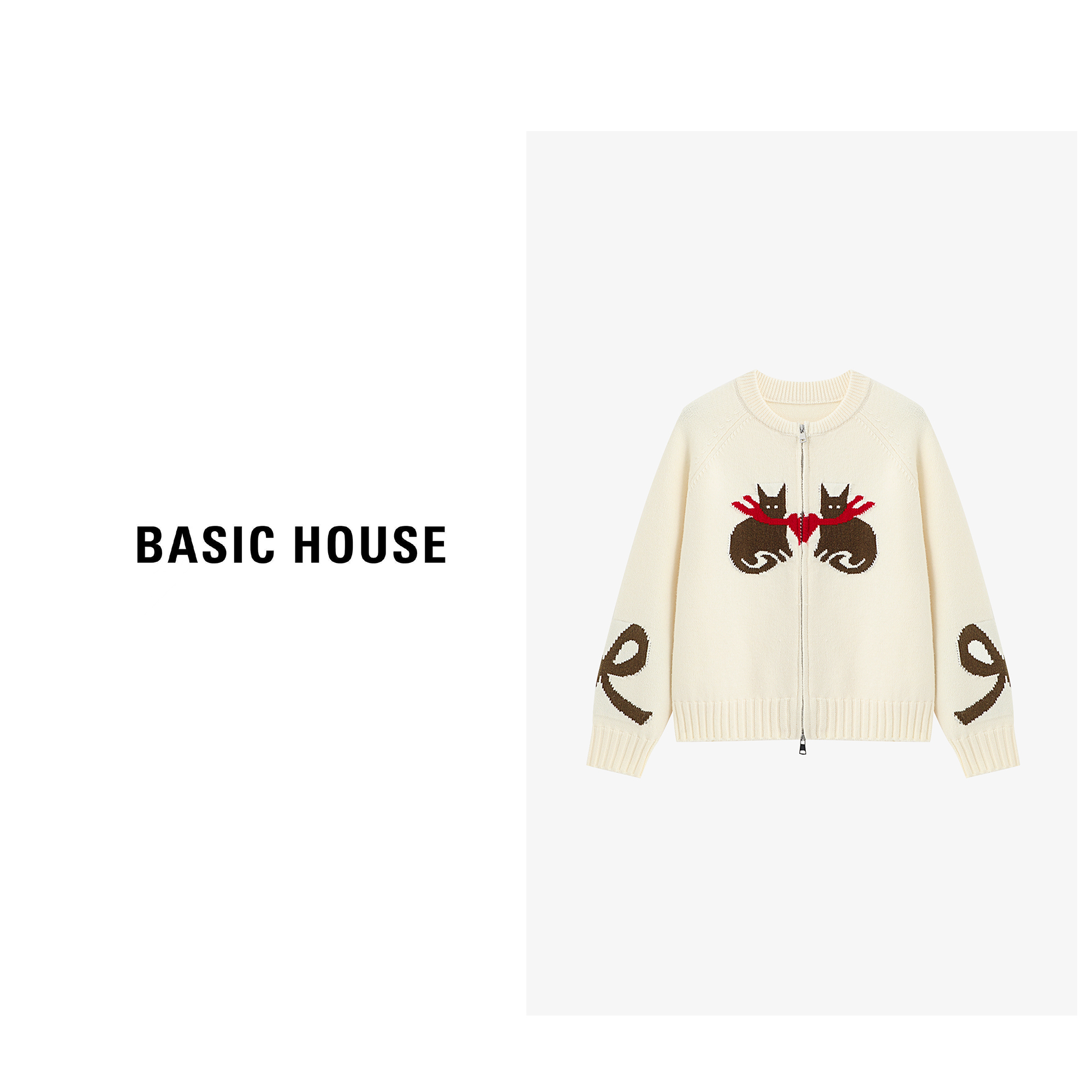 Basic House/百家好秋冬提花工艺猫咪图案保暖毛衣-B0625B5QYP2