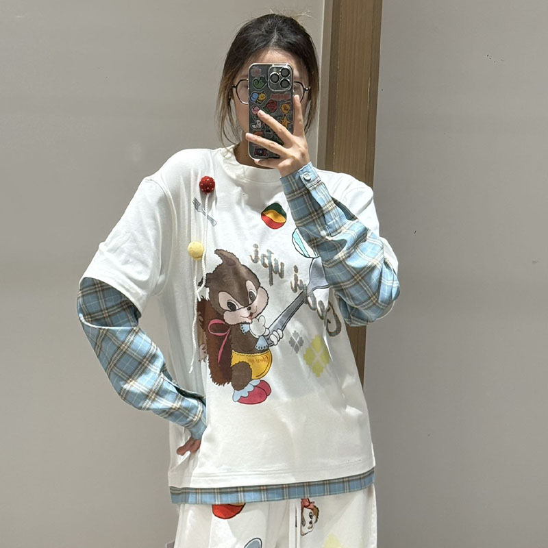 【现货】CHEERi UPi2026早春新款假两件衬衫袖松鼠印花T恤