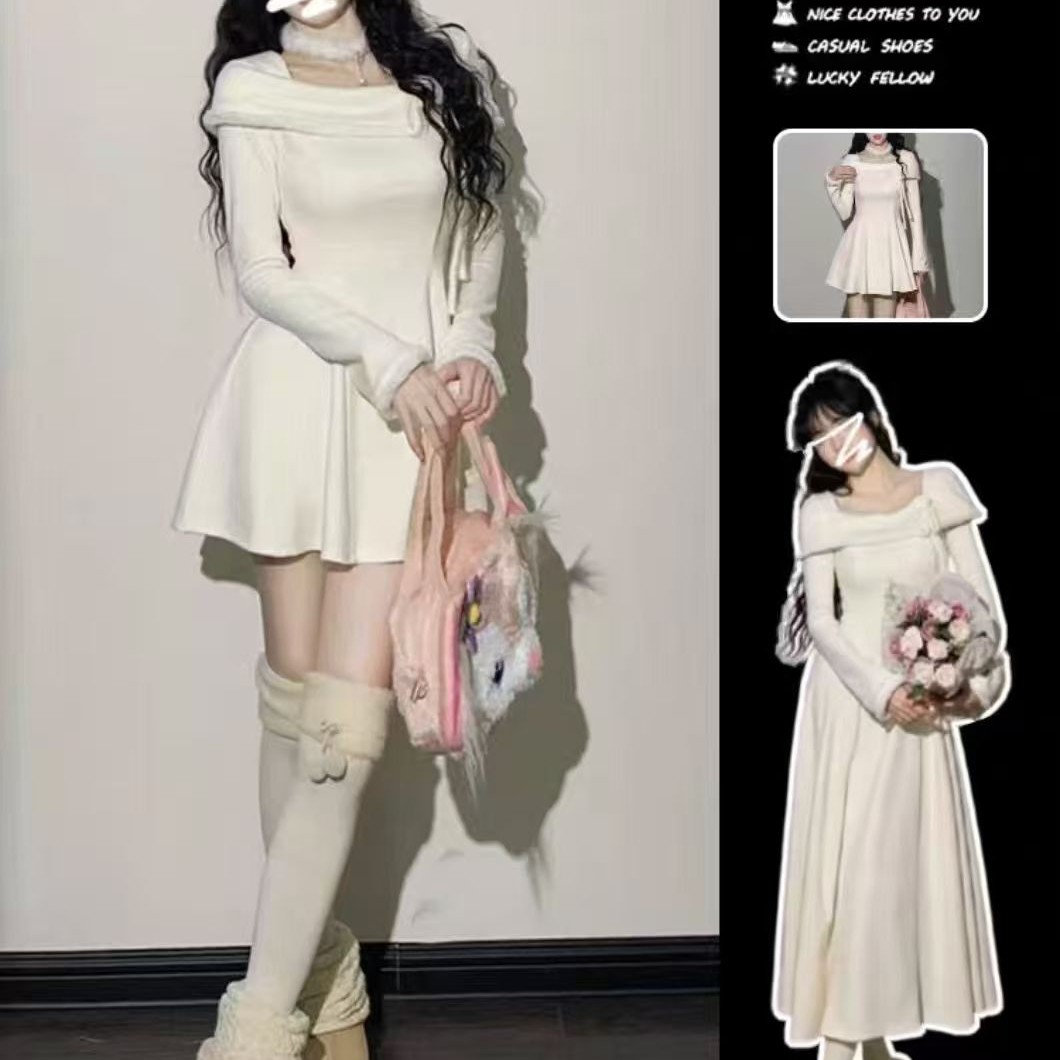 琳琳家温柔高级感秋冬一字领收腰显瘦大摆连衣长裙