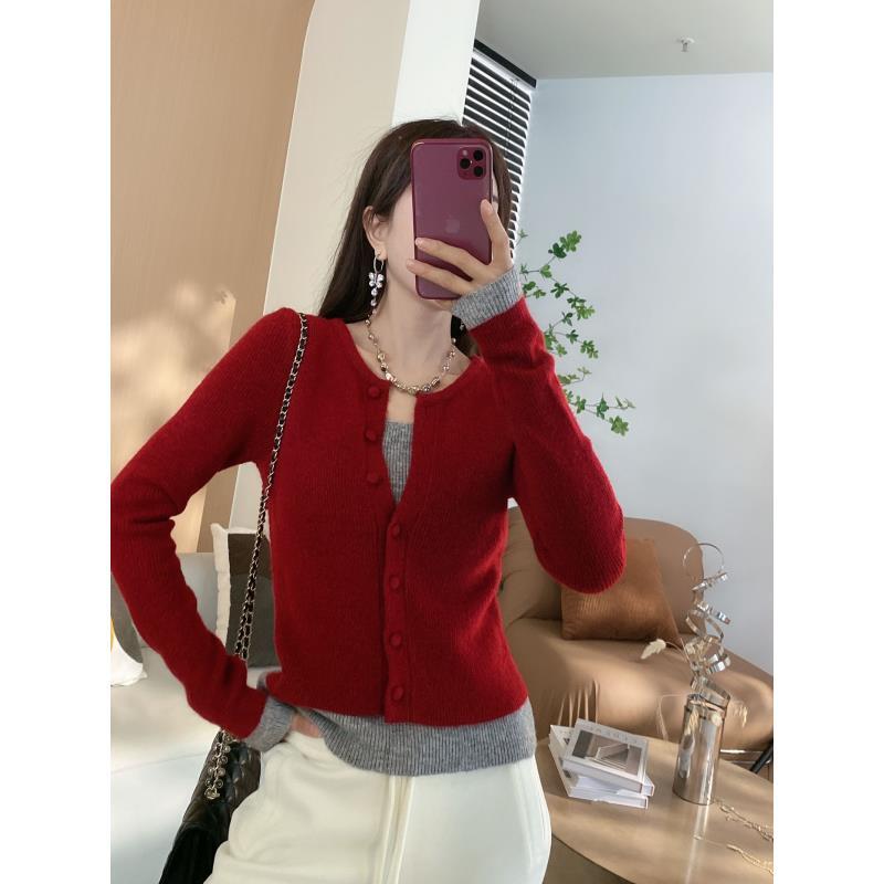 厚实排扣拼接假两件毛衣1132