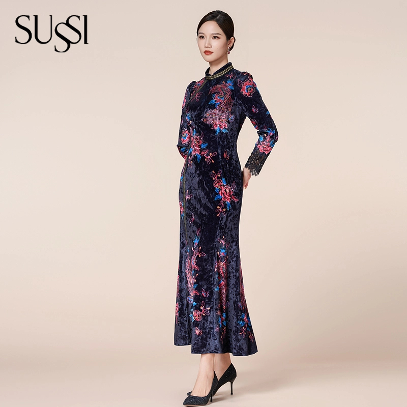 SUSSI/古色秋冬季新品商场同款中式高级感丝绒印花连衣裙