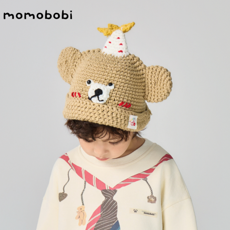 momobobi秋冬新款纯手工编织毛线帽卡通生日小熊可爱钩织套头帽潮