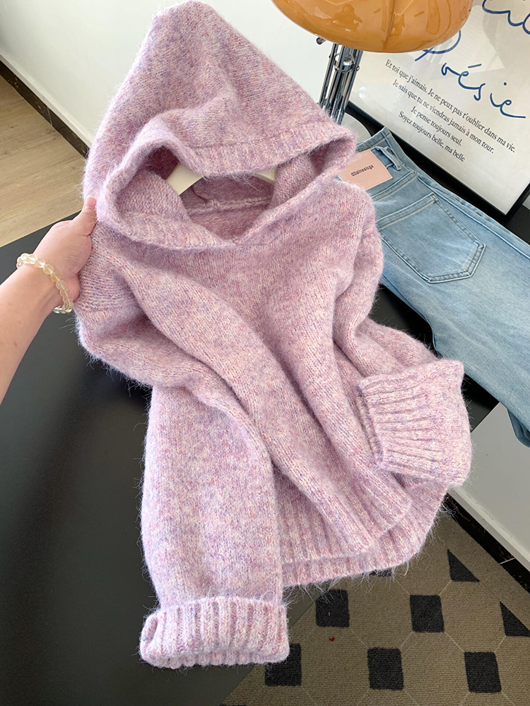 慵懒风针织秋冬花纱粉紫色连帽套头毛衣女韩版减龄针织上衣*914