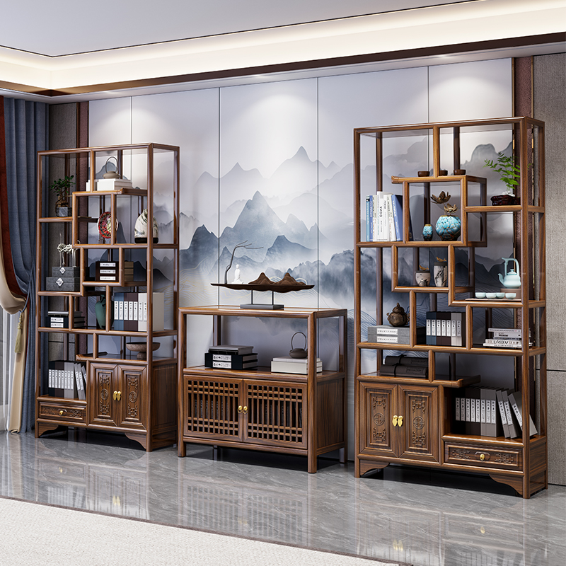博古架实木展示柜现代简约置物架新中式书架隔断榆木茶室多宝阁