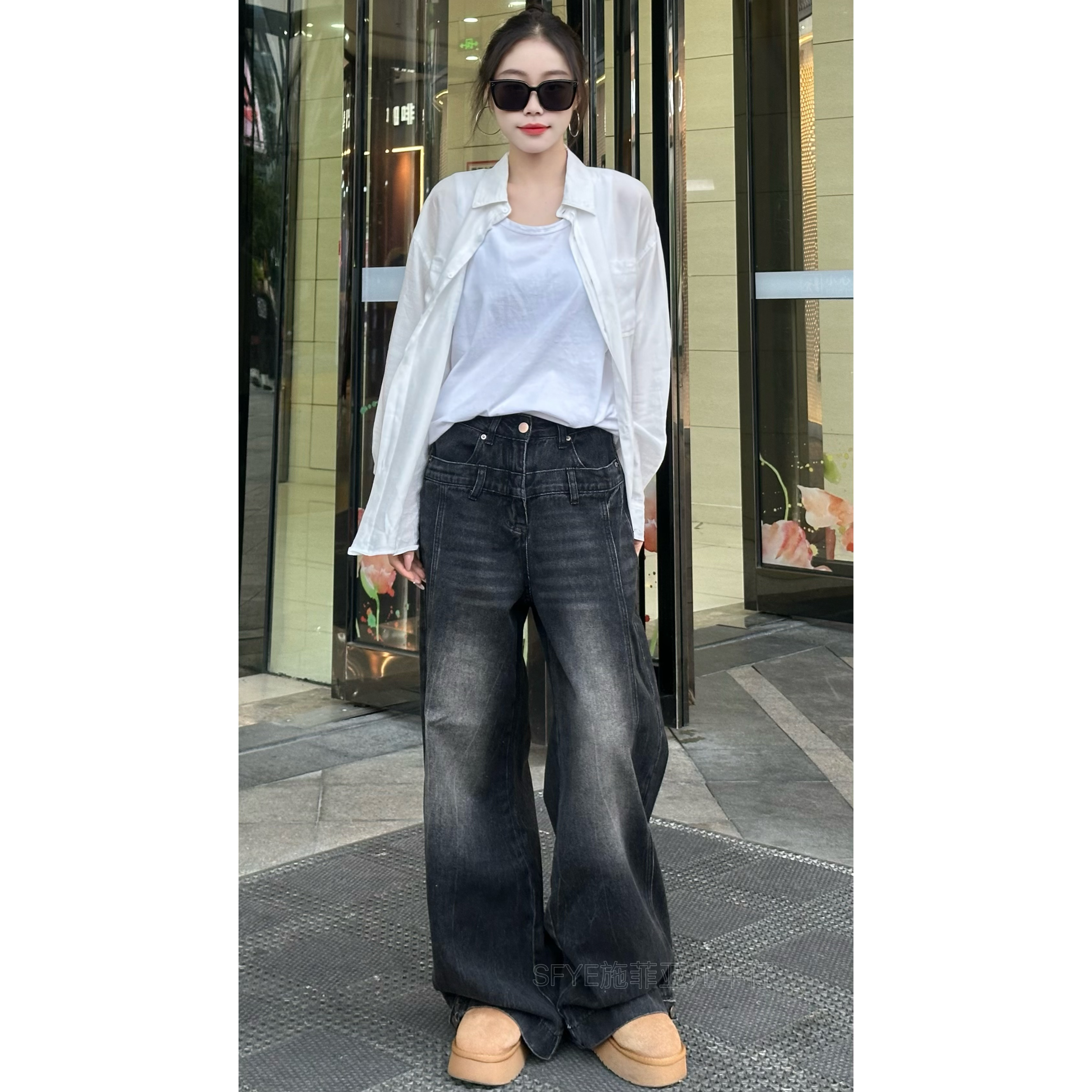 春夏新品[倒装工艺]水洗做旧磨白黑色牛仔裤大阔腿女款YU11001