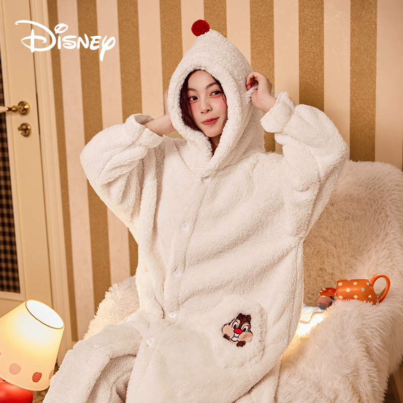 Disney/迪士尼冬季新款加厚珊瑚绒保暖奇奇蒂蒂睡袍家居服套装