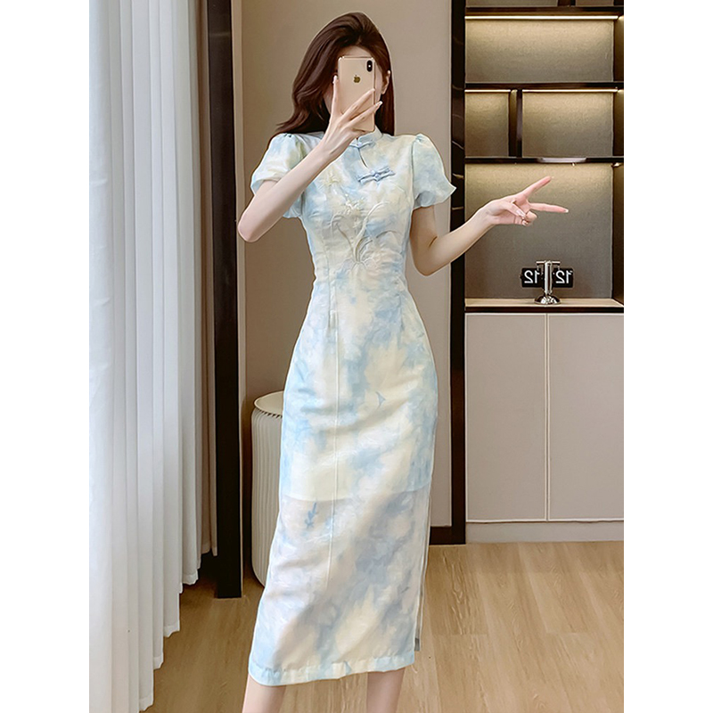 新中式少女旗袍小个子长短款修身刺绣连衣裙348