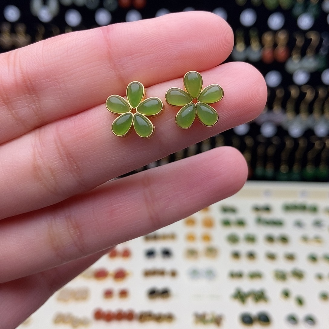 和田玉银S925镀金镶嵌耳饰