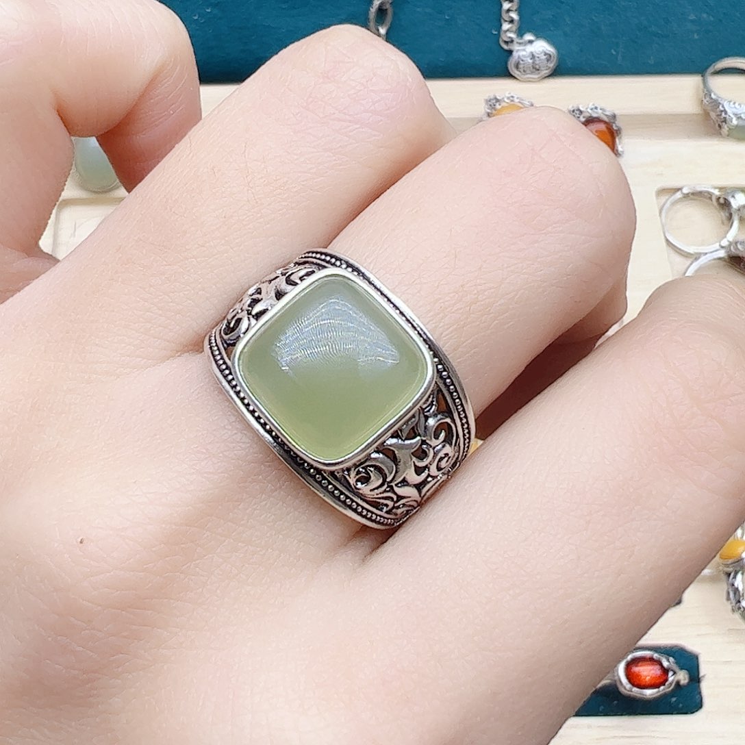 和田玉戒指银S925镶嵌