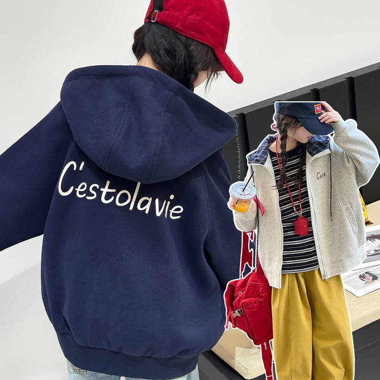 【开学新款】女童外套秋装2025新款儿童洋气格子连帽外套小女孩外套