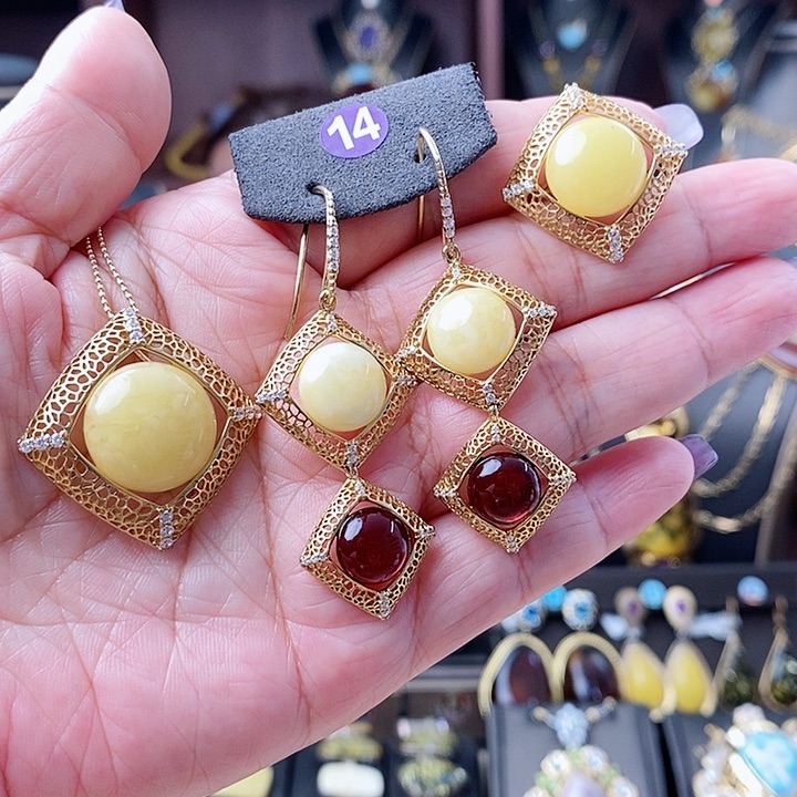 琥珀颈饰银S925镶嵌套装