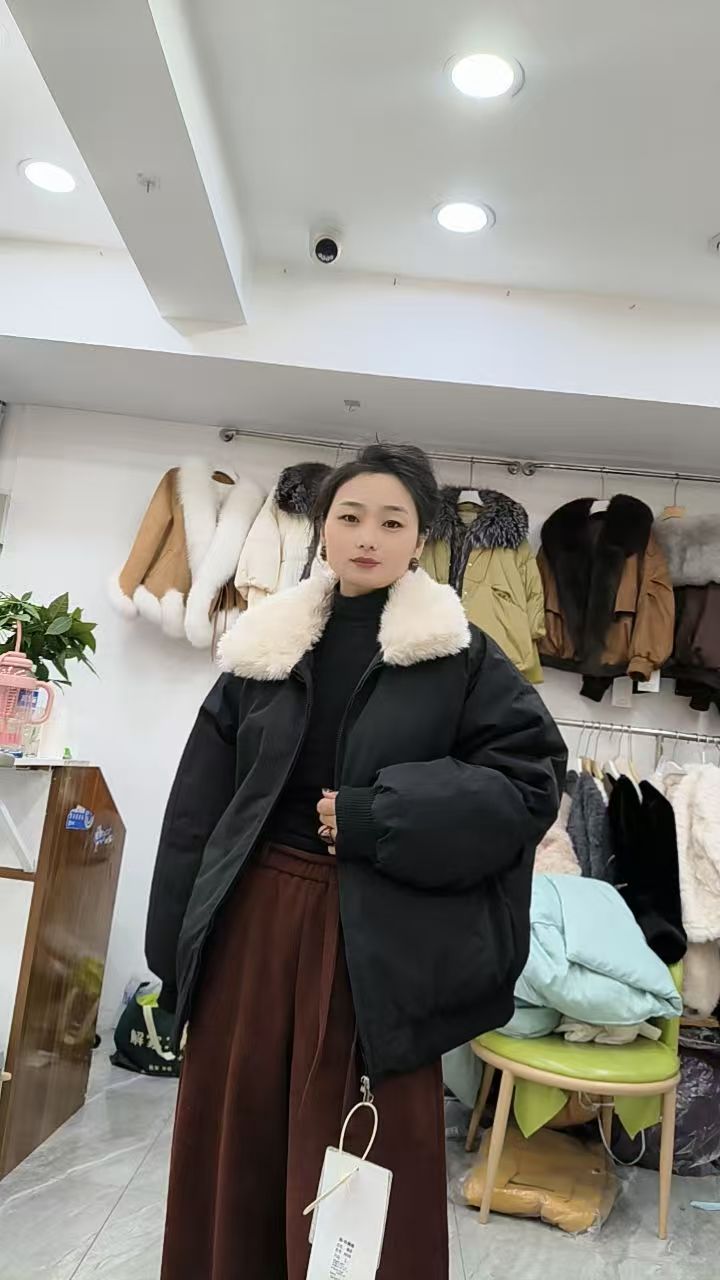3038#极简风厚款冬季宽松加厚拼接保暖女士时尚休闲百搭大毛领