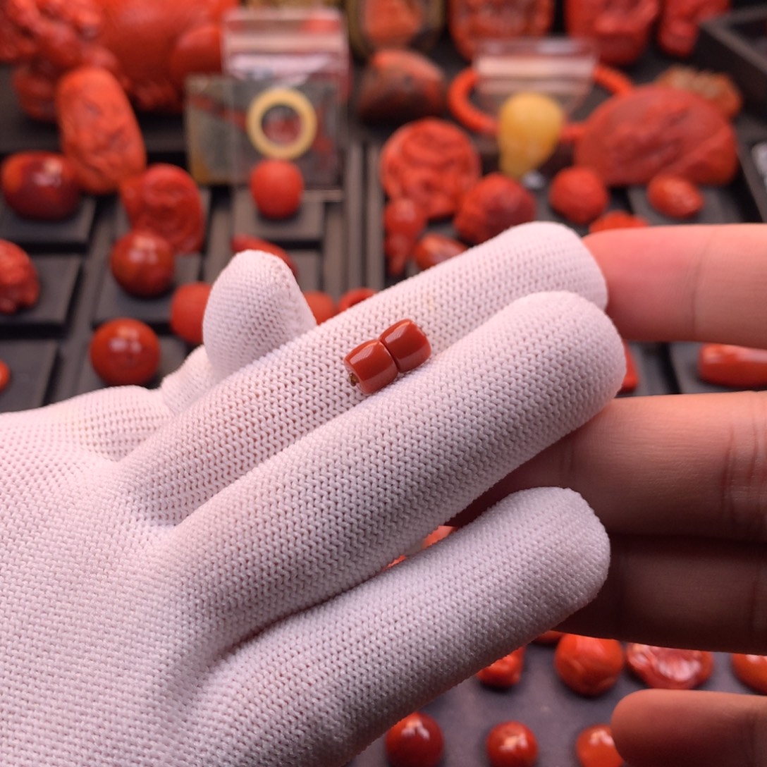 南红玛瑙未镶嵌川料原矿满色满肉精工直切对珠7mm