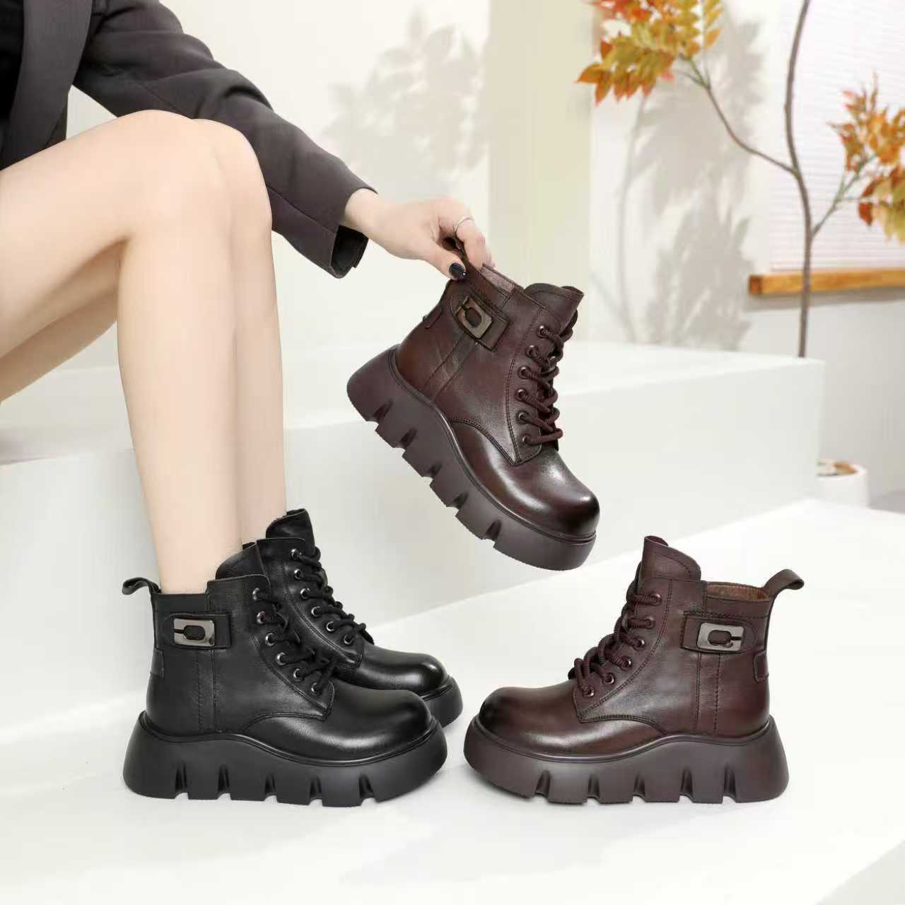 万达撤柜马丁靴秋冬牛皮松糕厚底加绒保暖圆头休闲复古羊毛短靴女