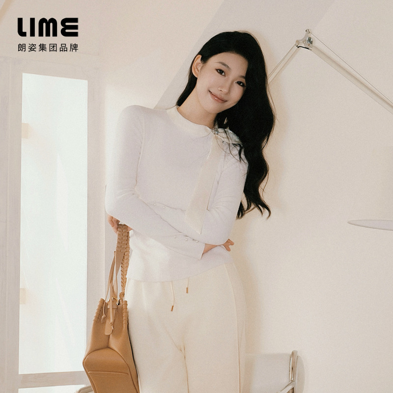 朗姿/LIME莱茵手工蝴蝶结肩带圆领打底针织套头衫LDGD8BKPR801