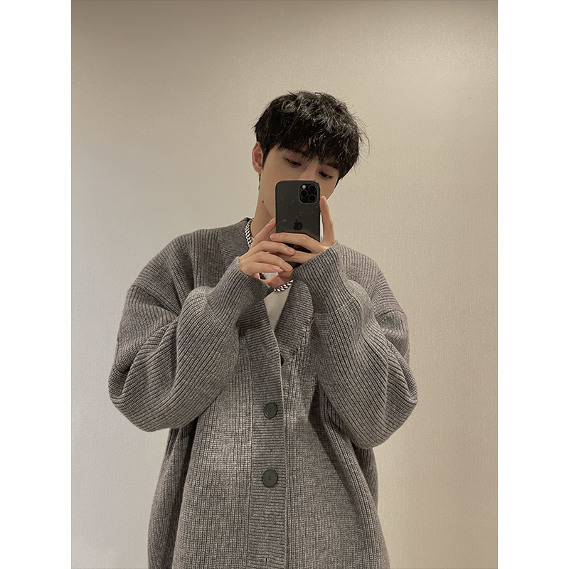 MIDASHAND秋冬纯色开衫男士1200g休闲慵懒风宽松百搭情侣款针织衫