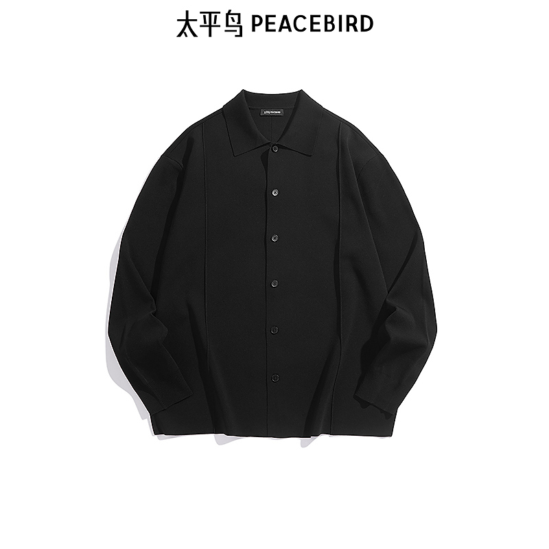 【商场同款】太平鸟男装 针织衫男醋酸面料黑色翻领毛衣B1EAF1429
