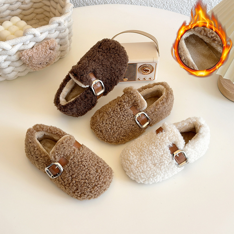 冬季新款女童加绒豆豆鞋儿童软底保暖棉鞋女宝宝毛毛鞋防滑学步鞋