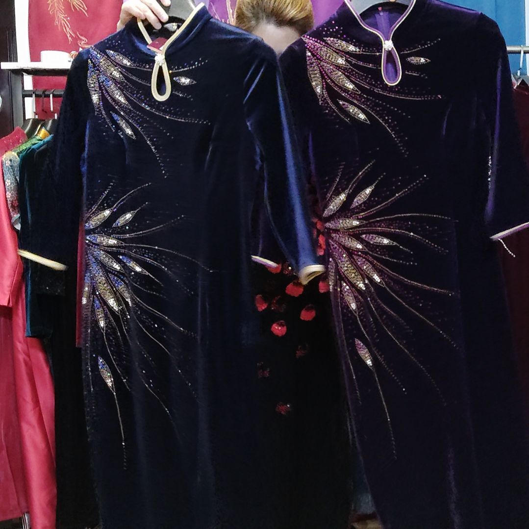 O***服藏蓝金丝绒重工旗袍xl+紫色l码