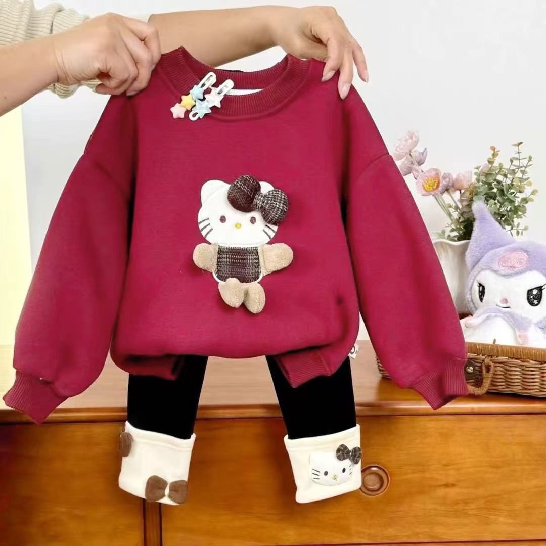 (买上衣送裤子) 女童猫咪加绒套装卫衣打底裤冬
