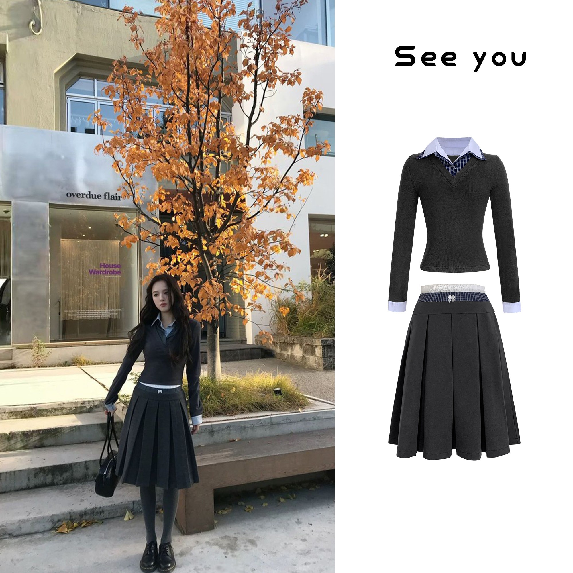 【初雪刊本】韩系慵懒且随性格雷灰假两件上衣半裙套装M2236+M2237