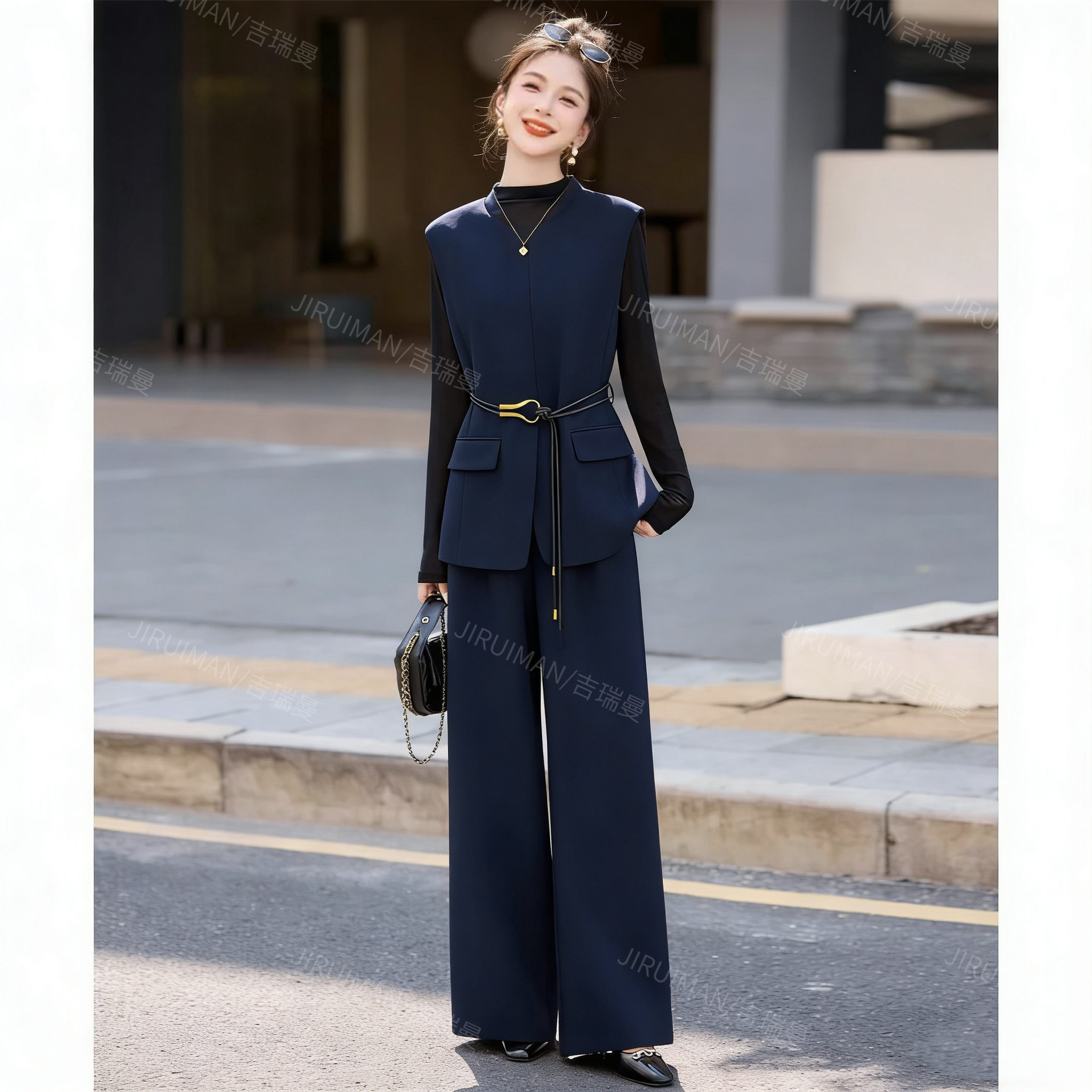 品牌撤柜-TA446春秋轻熟高级感宽松收腰马甲长袖内衬阔腿裤三件套