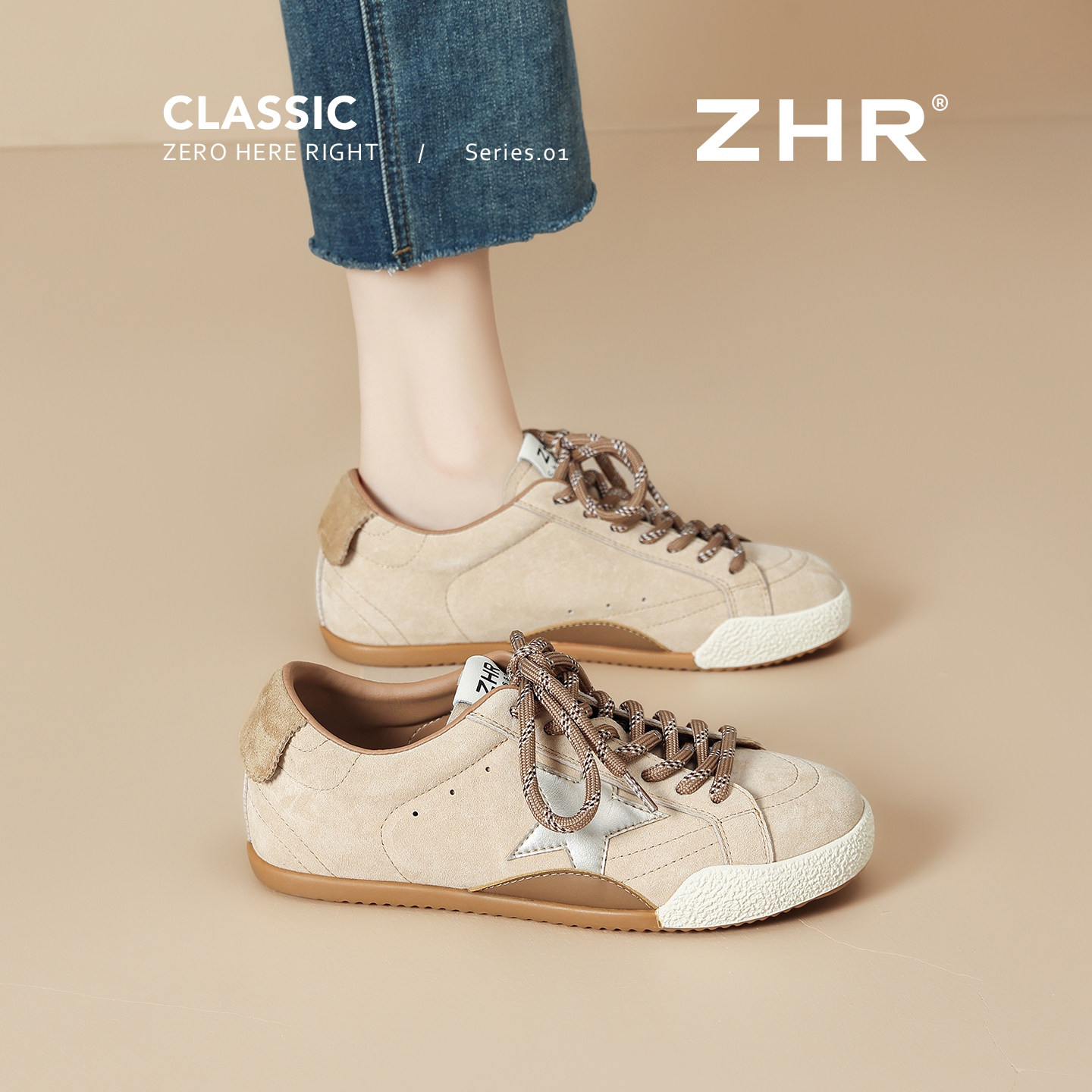 ZHR/则则【头层猪皮】德训鞋女秋季新款星星平底轻奢时尚休闲板鞋Z