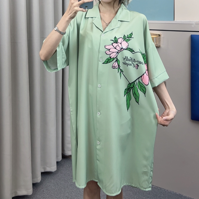 【编码083#绿色心心相印】睡裙女款夏凉感冰爽丝开衫衬衫睡衣家居服