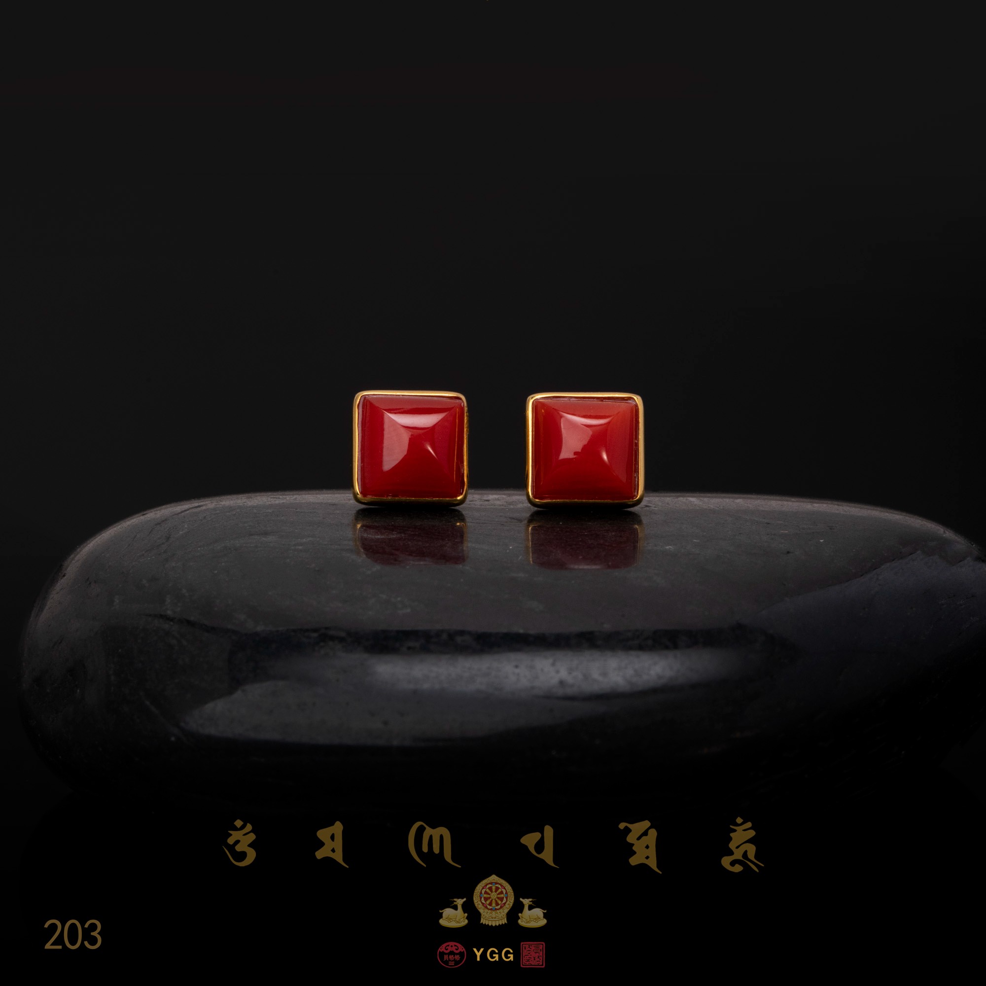 K员格格/阿卡红珊瑚方块金镶耳钉/XIHU203