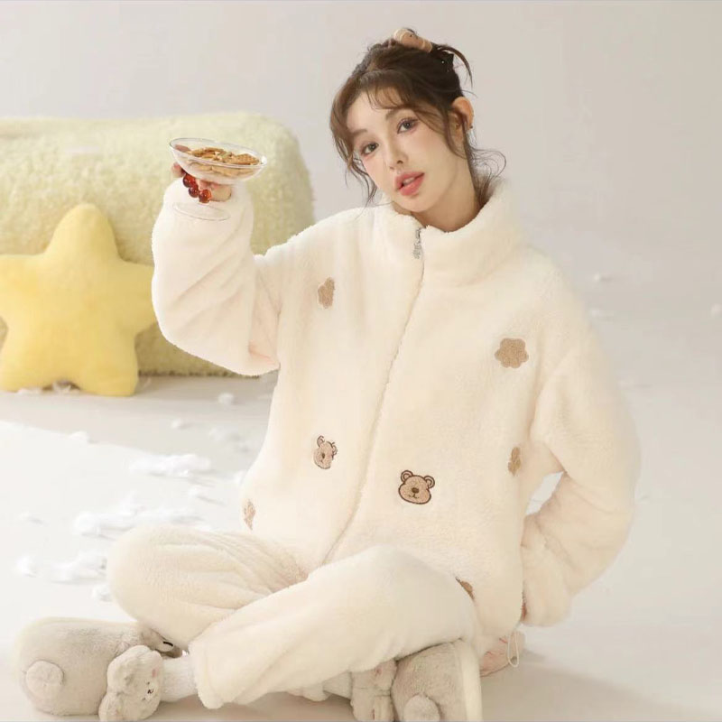 2025卡通宽松冬天加绒睡衣冬季家居服套装青年保暖立领外穿外套女