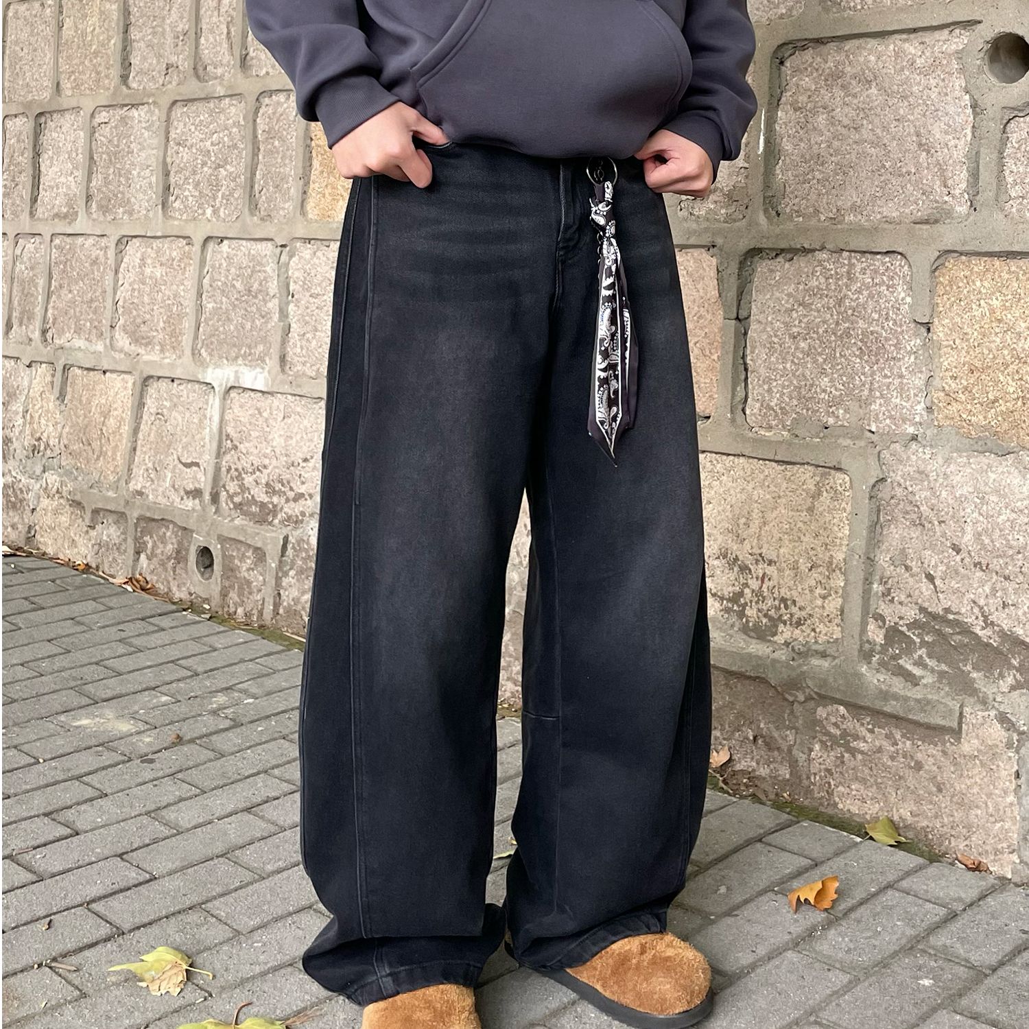 冬季新款加绒牛仔裤男款美式高街复古水洗时尚宽松休闲加厚长裤子